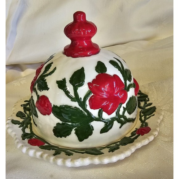 Hand Painted Ceramic Vintage Butter Or Cheese Holder Including Cloche - Picture 1 of 7